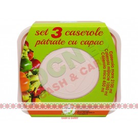 CASEROLA STICLA PATRATA CU CAPAC PLASTIC SET 3 PIESE B708910