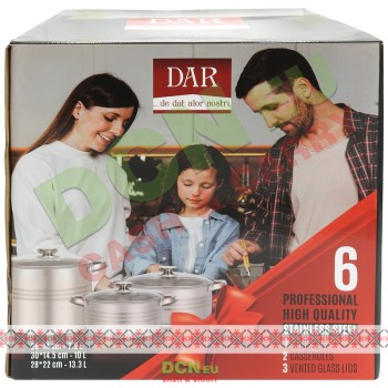 DAR SET INOX 6PCS 2 CRATITE+OALA CU CAPAC STICLA 7.2/10L/13.3L 19038